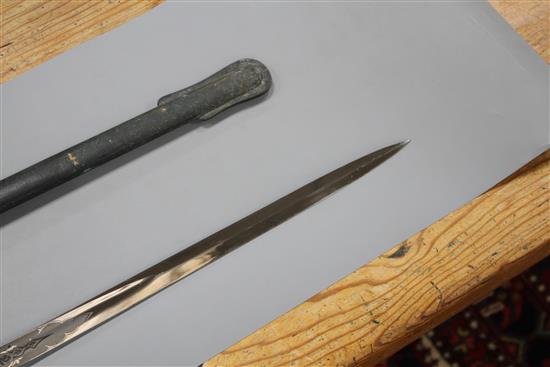 A Victorian infantry officers sword, the polished etched blade by J.B. Johnstone, gilt hilt and brass scabbard, blade 84cm, overall le